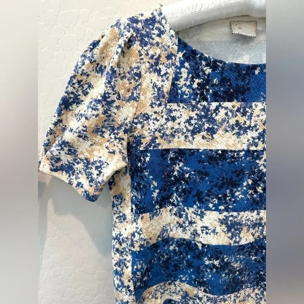 ANTHROPOLOGIE Blue Cream Puff Sleeve Knit Top Floral Stripe Coastal Small
